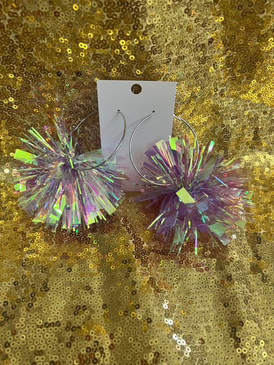 Purple iridescent puff hoop earrings